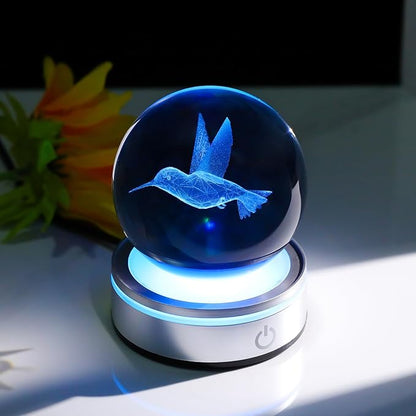 Arikyrist Crystal 3D Hummingbird 3.15in Ball Figurine Gifts for Women Wife, Collectible Glass Animal Art Sphere for Room with LED Light Base, Keepsakes for Bird Lovers Home Decor Paperweight