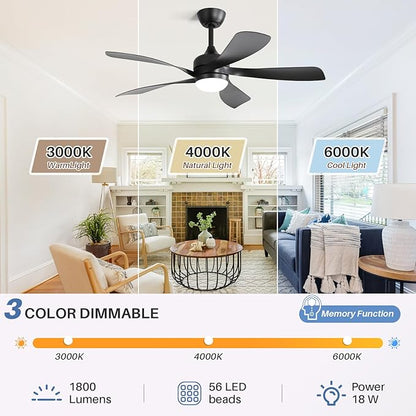 CACI Mall 52 inch Black Ceiling Fans with Lights, Remote Control, Modern, Low Profile, Outdoor Ceiling Fan with 5 Blades, Quiet Reversible DC Motor for Living Room, Bedroom, Patios