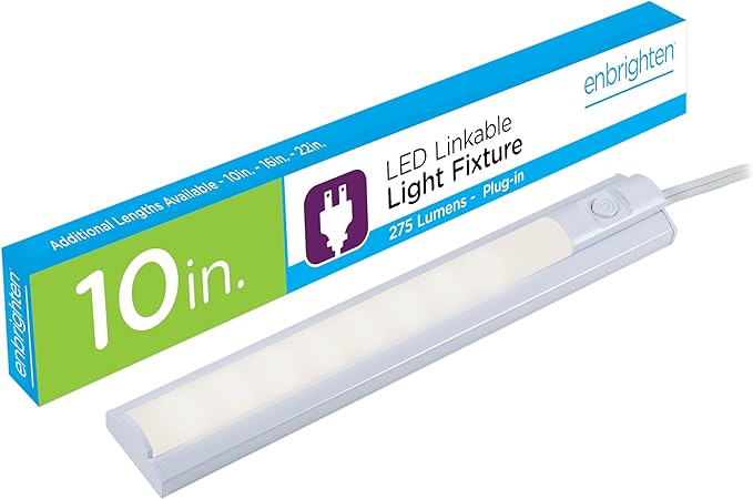 Enbrighten 10 Inch LED Premium Under Cabinet Light Fixture, Plug-In, Bright White 3000K, 275 Lumens, Plastic Housing, On/Off Switch, Perfect for Kitchen, Home Office, Garage, Workbench & more, 26534