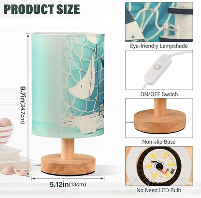 Table Lamp Nautical Sailboat Lighthouse Seashell Fishnet Blue Wood Nightstand Lamp with Wood Base Fabric Lamp Shade Bedside Desk Lamp for Living Room Bedroom Kids Room Office