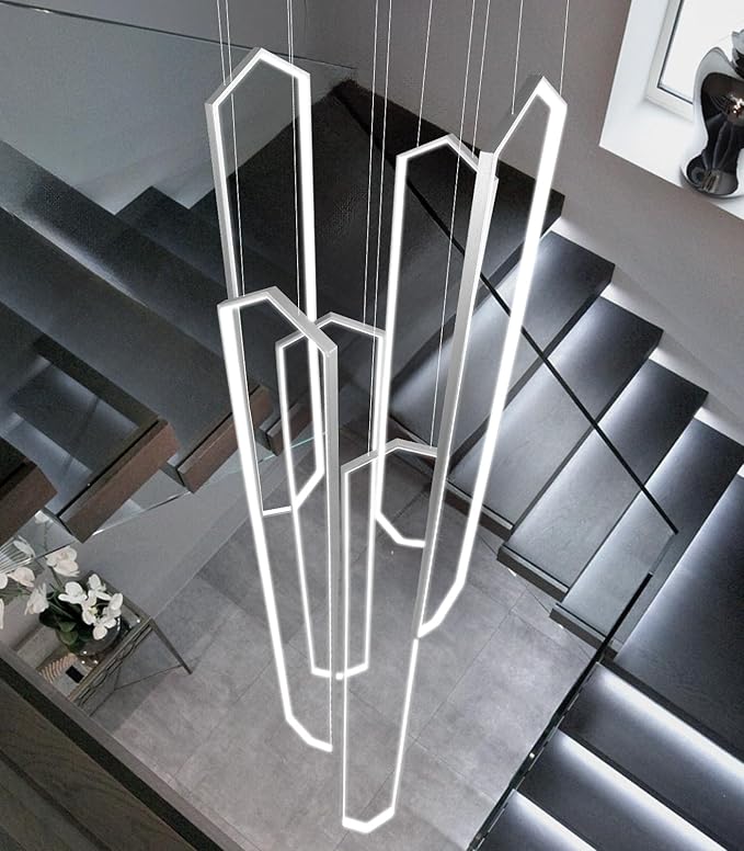 6 Rings Large Chandelier for Staircase Modern High Ceiling Chandelier LED Dimmable Chandeliers for Foyer Staircase Foyer Enterway Living Room Villa Silver