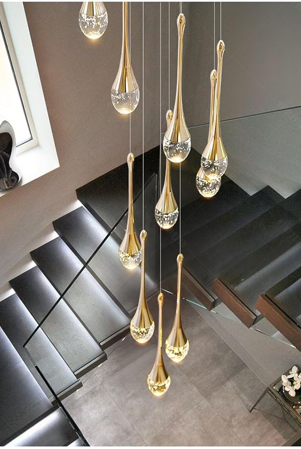 Modern Crystal Staircase Chandelier Gold 12-Lights, H120'' Large High Ceiling Spiral Dimmable LED Raindrop Foyer Entryway Light Fixture Remote Control
