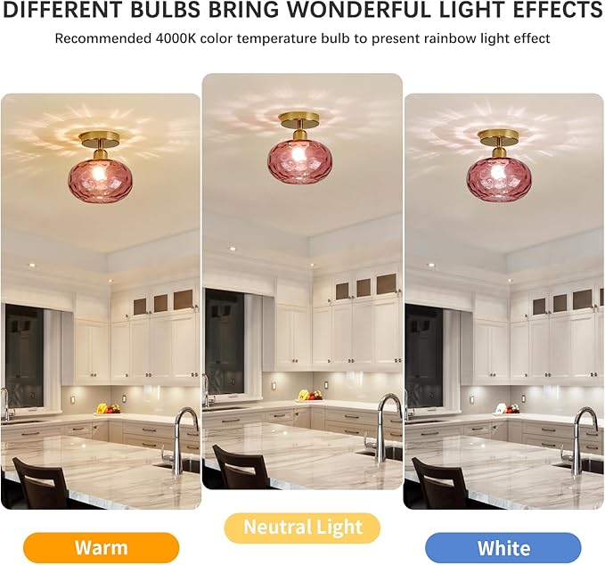 Luafac Red Glass Semi Flush Mount Ceiling Light - 7.9 Inch Hammered Art Deco Glass Small Hallway Light fixtures, Vintage Gold Flush Mount Ceiling Light for entryway Foyer Laundry Room Kitchen