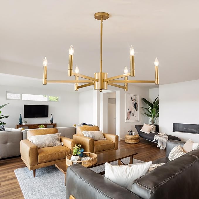 ASGYISA 6-Light Gold Candle Chandeliers Modern Farmhouse Ceiling Light Fixture Industrial Lighting for Dining Room Living Room Bedroom Kitchen Island Foyer
