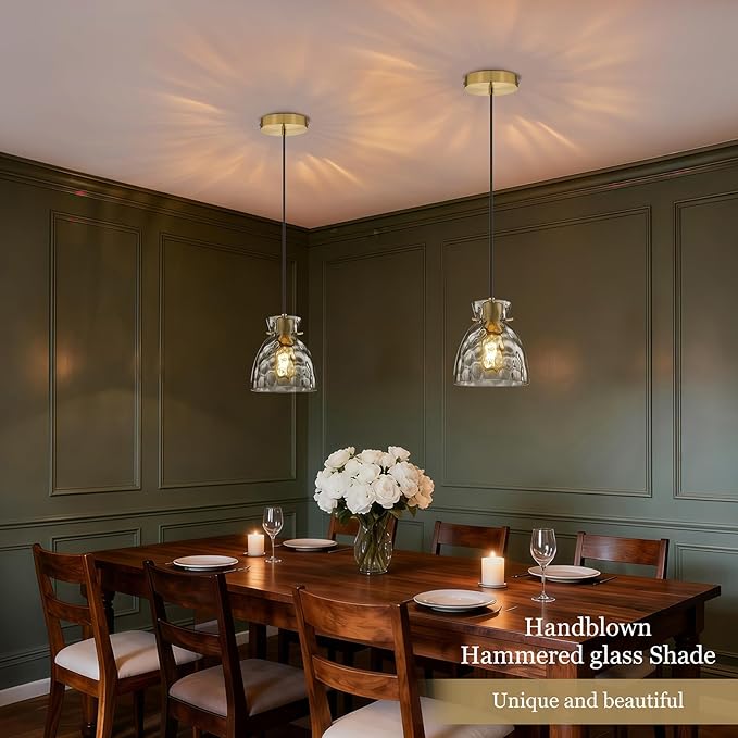 Black Gold Pendant Lights Kitchen Island 2 Pack, 5.9" Small Mini Brushed Brass Hammered Glass Pendant Light Fixtures, Modern Hanging Lights Kitchen Pendant Lighting over Sink Bathroom Dining Room