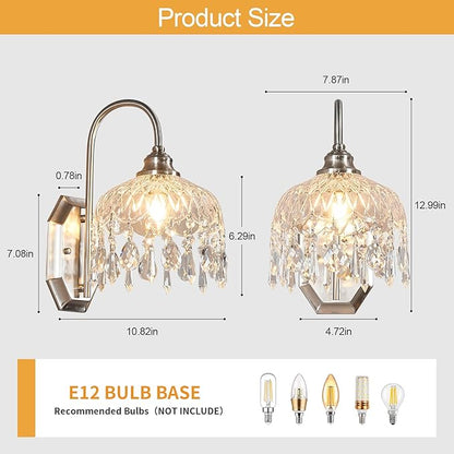 1-Pack Vintage Wall Sconce,Glass Crystal Wall Sconce,Matte Brushed Antique Nickel Finish for Bedroom Bathroom Hallway Living Room Decor