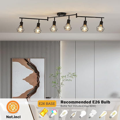 6-Light Black Track Lighting Fixtures Ceiling Modern Farmhouse Track Lighting with Metal Cage E26 Base Kitchen Lights Fixture Flush Mount Ceiling Light Fixture for Dining Room(Bulbs Not Included)