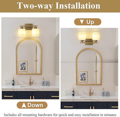 Mecgirn Milk Glass Vanity Lights for Bathroom, 2 Light Antique Matte Brass Bathroom Vanity Light Fixtures Over Mirror, Ceramic E26 Sockets Wall Mounted