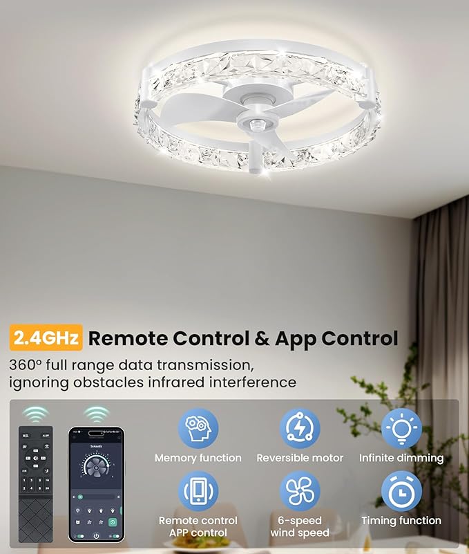 Ceiling Fans with Lights and Remote App 20'' Low Profile Ceiling Fan 3000-6500K Dimmable Modern Flush Mount Ceiling Fan Light LED 6 Speeds Fandelier Ceiling Fans for Bedroom Small Living Room