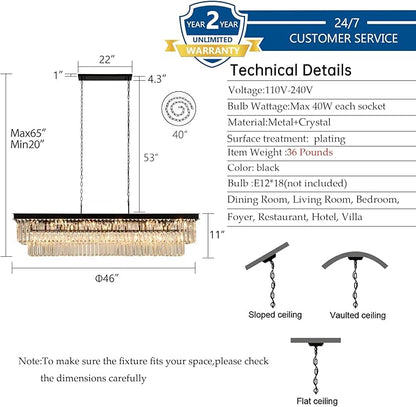 Weesalife Crystal Chandeliers for Dining Room Light Fixtures Over Table，18-Lights Black Modern Rectangle Chandeliers for Kitchen Island Bar L46 Inch