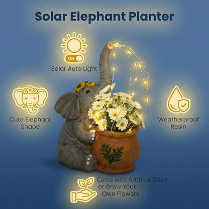 Joint Honglin Solar-Powered Elephant Planter with Lights, Resin Waterproof for Outdoor Garden, Comes with Flowers, Perfect for Night Decor Gift for Yard, Patio (Elephant)