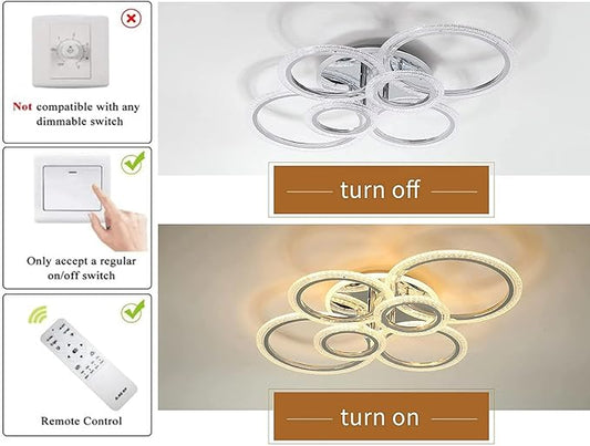 Garwarm Modern LED Ceiling Light Fixture,76W Dimmable LED Chandelier Flush Mount Ceiling Lights Remote Control,6 Ring Ceiling Lamp Fixture for Living Room Dining Room Bedroom(Chrome)