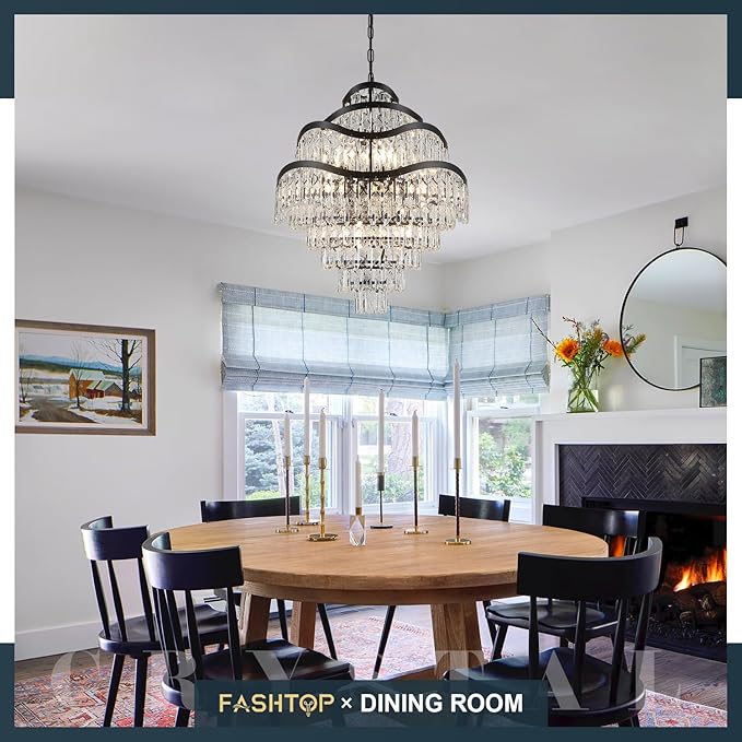 9-Tier 16 Lights Crystal Chandelier Luxury Light Fixtures 24" Black K9 Crystal Pendant Ceiling Lighting for Living Room Dining Room Foyer Bedroom Kitchen, E12