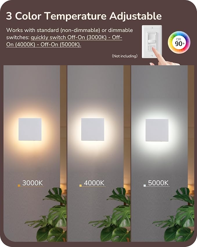 EDISHINE 2 Pack LED Outdoor Wall Lights Exterior/Interior, 3000K-5000K Dimmable Wall Sconce, Small Square Modern Exterior Lighting Fixtures, IP65 Waterproof Aluminum Outside Porch Light, White