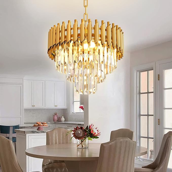 Modern Gold Crystal Chandelier, 16" 5-Light Round Chandelier,3 Tiers Ceiling Pendant Light, Adjustable Hanging Chandeliers for Dining Room, Foyer, Living Room, Staircase