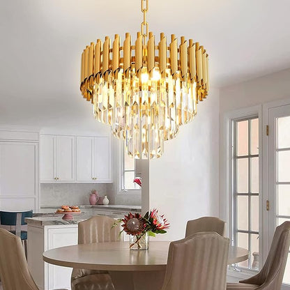 Modern Gold Crystal Chandelier, 16" 5-Light Round Chandelier,3 Tiers Ceiling Pendant Light, Adjustable Hanging Chandeliers for Dining Room, Foyer, Living Room, Staircase