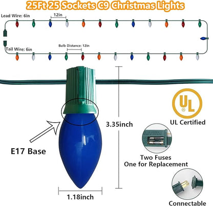 25Ft Multicolor Christmas Lights, C9 Vintage Christmas Lights with 26 Ceramic Multicolor Bulbs, Traditional Xmas Light for Outdoor Roofline Garden Patio Party Wedding Xmas Decor