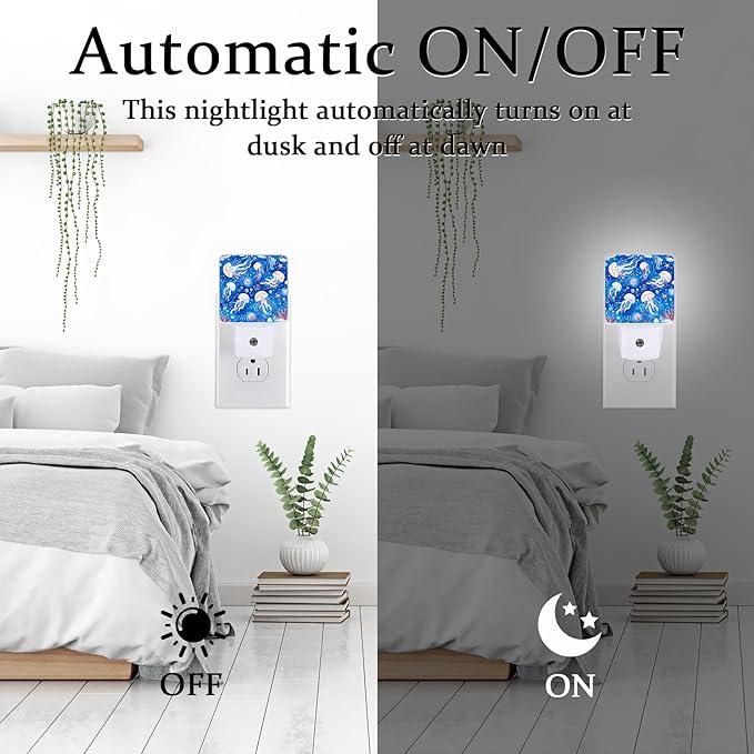 Jellyfish and Starfish Night Light, Plug-into Wall Underworld Sea Animals Nightlight Lamp with Dusk to Dawn Sensor, Led Lamp 0.5W Energy Efficient for Boys Girls Adults Home Decor
