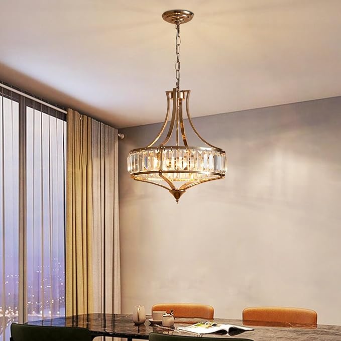 Crystal Chandeliers for Dining Room Modern Farmhouse 4-Light Rustic Mid Century Chandelier with Round Metal Lampshade, Perfect for Hallway Bedroom Foyer, Brush French Glod