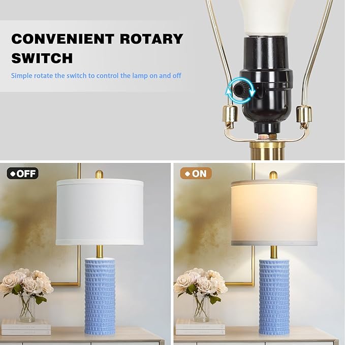 Cinyirong 24.5" Table Lamp Set of 2, Modern Ceramic Bedside Lamps for Night Stands, Classic Small Lamp Nightstand Lamp for Bedroom Living Room Desk End Table Rotary Switch Blue