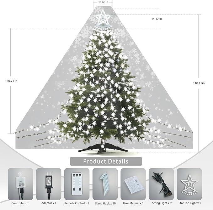 Star String Lights, 350 LED Tree Waterfall Fairy Lights, Outdoor Waterproof Christmas Decoration Lights with Remote, 16FT X 9 Hanging LED Lamp for Garden Yard Wedding Birthday Festival, Cool White
