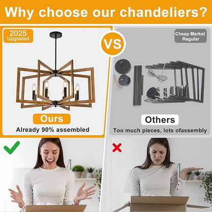 27.6" Chandelier for Dining Room, 8-Light Wood Grain Farmhouse Dining Room Light Fixture Over Table, Industrial Hanging Pendant Lights Fixture for Kitchen Island, Living Room, Foyer, Entryway