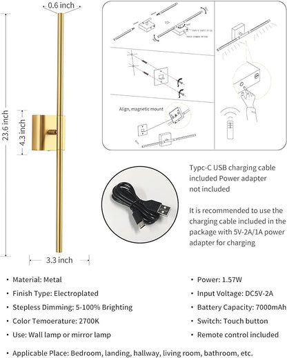 KDG Cordless Wall Sconces Set of 2, Wireless 5200mAh Rechargeable Battery Operated LED Wall Lamps with Remote, 360° Rotate Lightings for Wall Painting, Bedroom, Hallway, Night Light 23.6 inch (Gold)