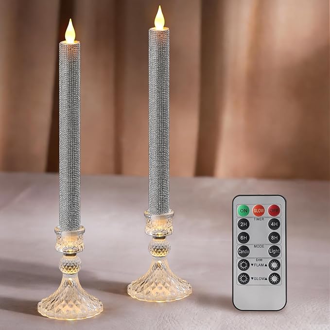 LED Flameless Taper Candles with Remote Control,Set of 2, Silver Glitter Finish, Crystal Glass Candlestick Holders, Timer Function (Silver LED)