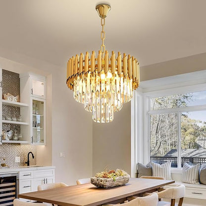 Modern Gold Crystal Chandelier, 16" 5-Light Round Chandelier,3 Tiers Ceiling Pendant Light, Adjustable Hanging Chandeliers for Dining Room, Foyer, Living Room, Staircase