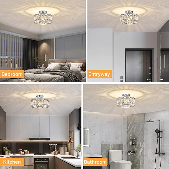 YURNYQ Crystal Ceiling Light Fixture, Modern Semi Flush Mount Ceiling Light, Chrome Lighting Fixtures Ceiling Lamp for Hallway, Kitchen, Entryway, Bedroom, Laundry Room, 1-Light, 11.4 Inch