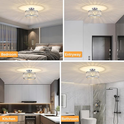 YURNYQ Crystal Ceiling Light Fixture, Modern Semi Flush Mount Ceiling Light, Chrome Lighting Fixtures Ceiling Lamp for Hallway, Kitchen, Entryway, Bedroom, Laundry Room, 1-Light, 11.4 Inch