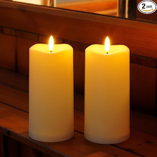 Outdoor Solar Powered Candles, 3" x 6" Ivory White Flickering Flameless Candle Set, LED Rechargeable Pillar Waterproof Candles for Outdoor Lanterns,Patio Decor, Set of 2