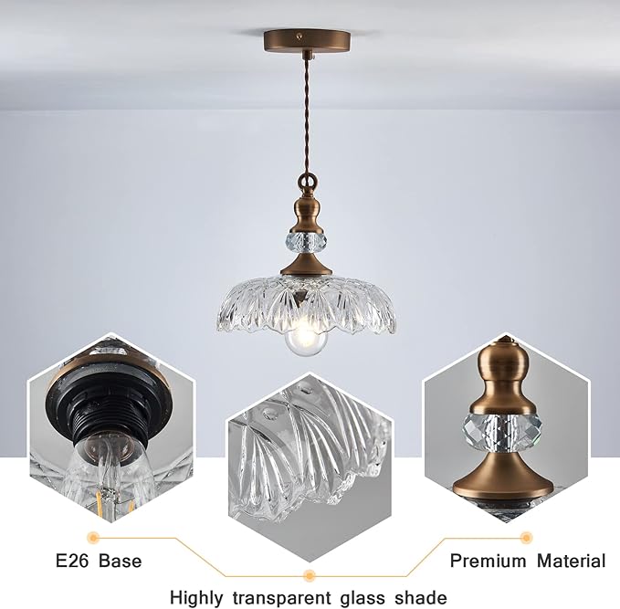 CVKASH Vintage Glass Pendant Light Fixture Brass Modern Adjustable Chandelier Farmhouse Hanging Light for Hallway Porch Kitchen Bedroom Coffee Shop Dining Room Island