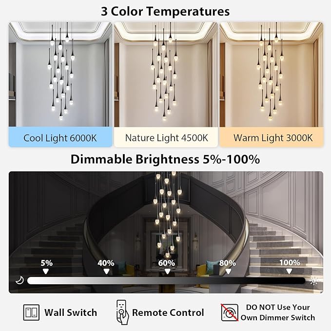 Raindrop Crystal Chandelier High Ceiling: 20 Lights Dimmable LED With Remote - Large Long Modern Bubble Hanging Pendant Light Fixture Spiral Chandeliers for Living Room Staircase Entryway Foyer Black