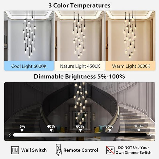 Raindrop Crystal Chandelier High Ceiling: 20 Lights Dimmable LED With Remote - Large Long Modern Bubble Hanging Pendant Light Fixture Spiral Chandeliers for Living Room Staircase Entryway Foyer Black