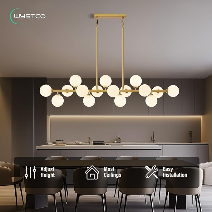 56 Inch Brass Gold Linear Chandeliers for Dining Room, Kitchen Island, Living Room, 16-Light Mid Century Modern Light Fixture Over Table, Large White Glass Globe Sputnik Bubble Chandelier