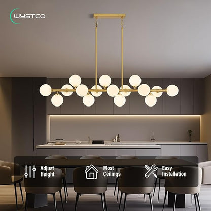 56 Inch Brass Gold Linear Chandeliers for Dining Room, Kitchen Island, Living Room, 16-Light Mid Century Modern Light Fixture Over Table, Large White Glass Globe Sputnik Bubble Chandelier
