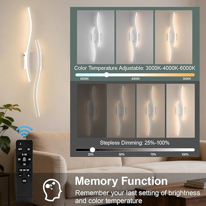 Modern LED Wall Sconce Set of Two, Dimmable Battery Powered Wall Sconces, 3000K-6500K LED Wireless Wall Light with Remote, Wall Lamp Indoor not Hardwired for Room Bedroom Corridor（White）