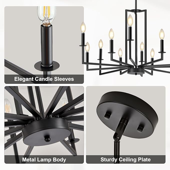 Modern Black Chandelier, Farmhouse Candle Dining Room Chandeliers Over Table, Metal Hanging Pendant Light Fixture for Kitchen, Foyer, Bedroom, Living Room, Staircase, Entryway, 12-Light