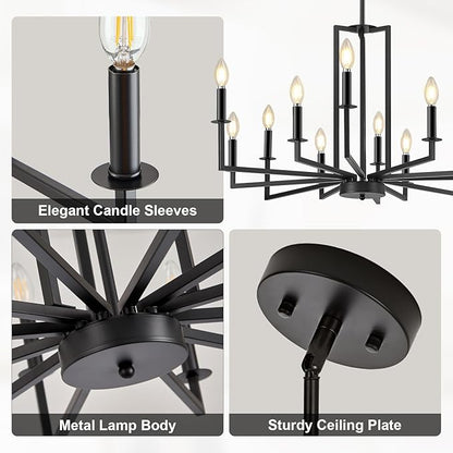 Modern Black Chandelier, Farmhouse Candle Dining Room Chandeliers Over Table, Metal Hanging Pendant Light Fixture for Kitchen, Foyer, Bedroom, Living Room, Staircase, Entryway, 12-Light