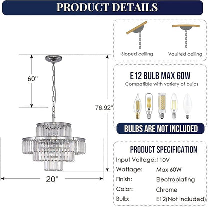 Chrome Crystal Chandelier Lights 20 Inch Luxurious Chandeliers Hanging Pendant Light Fixture for Dining Rooms Living Rooms Entryway 7-Lights