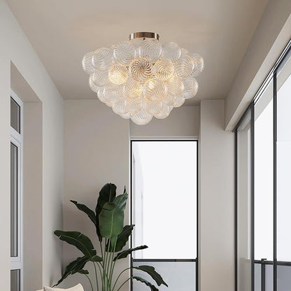 Hand Blown Glass Bubble Ball Chandelier Nickel-Plated 20" Semi Flush Mount Ceiling Light Art Deco Cluster Ribbed Blown Glass Globe Lighting for Bedroom Dining Table Entryway
