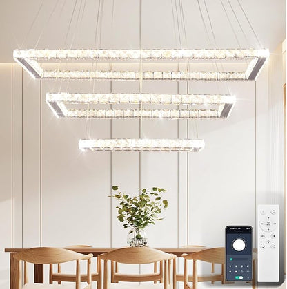 Finktonglan Dimmable Crystal Chandelier, Modern 3 Rectangular Ring LED Pendant Light with Remote & App Control, 31.4" Adjustable Hanging Height, 2500K-6500K, Kitchen Island Dining Room Stairwell Foyer