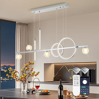 ORANOOR Modern LED Pendant Lights, Dimmable 47in Silver LED Chandelier Lighting, Upgraded Chrome Linear Dining Room Hanging Light Fixtures Kitchen Island Globe Pendant Light for Dining Table (4200lm)