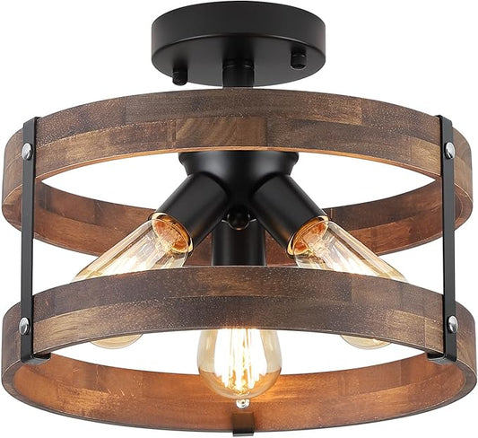 3-Light Rustic Farmhouse Wood Flush Mount Ceiling Light Fixture Oak Wood Round Drum Semi Flush Mount Ceiling Light for Hallway Hall Entry Bedroom Farmhouse Indoor, Black