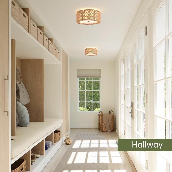 Boho Ceiling Light Fixtures 12.6" Flush Mount Ceiling Light, Hand-Woven Rattan Light Fixture for Bedroom Close to Ceiling Light Modern Ceiling Light for Foyer Hallway Entryway Kids Room