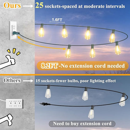Brightever 50FT Outdoor String Lights Waterproof, 2700K Bright LED Patio Lights with 27 ST38 Shatterproof Vintage Bulbs, Retro Edison String Lights for Outside, Garden, Christmas Decor, Green Wire
