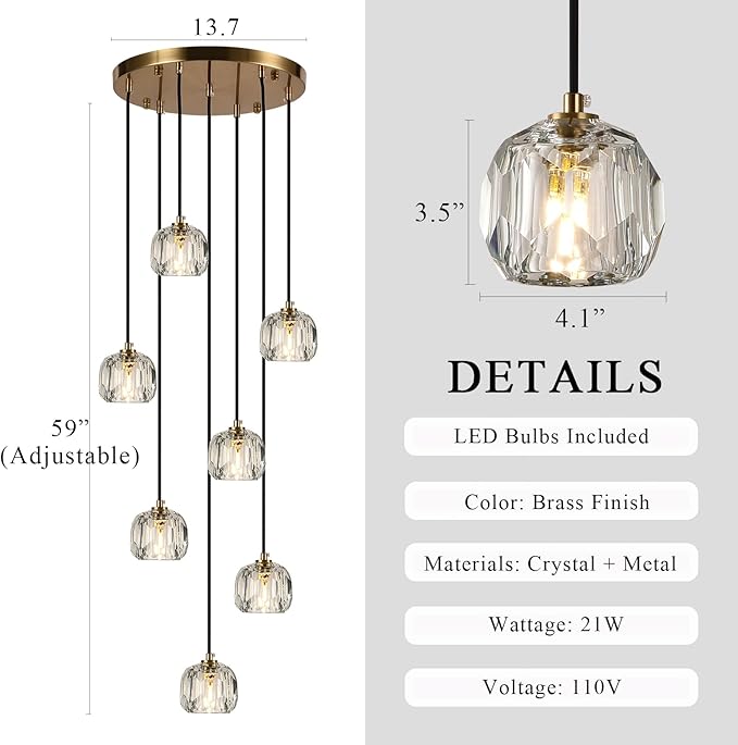 Farmhouse Crystal Pendant Lights, Brass Round Hanging Lamp, Modern Raindrop Chandeliers for Dining Room Living Room Bedroom Kitchen Island