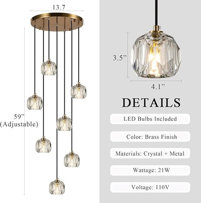Farmhouse Crystal Pendant Lights, Brass Round Hanging Lamp, Modern Raindrop Chandeliers for Dining Room Living Room Bedroom Kitchen Island
