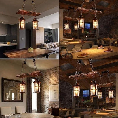 Wood Retro Pendant Lighting Industrial Vintage Chandelier Black Metal Bedroom Restaurant Suspension Lamp Cage Frame with Glass Shade House Loft Bar Coffee Decoration Ceiling Lights Fitting, E27